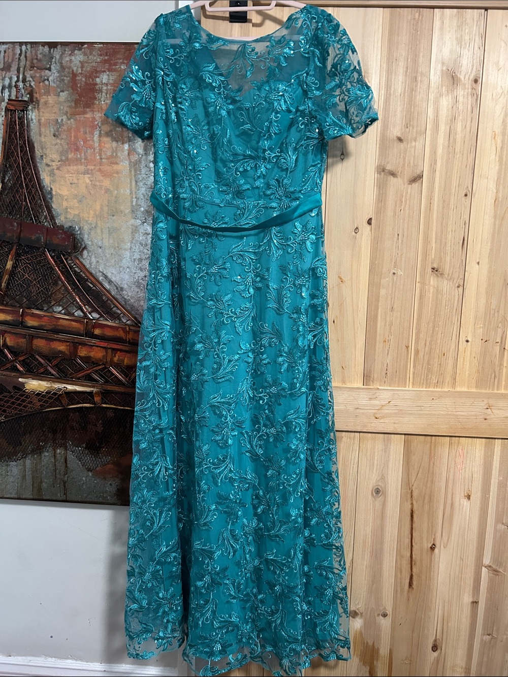 Teal Embroidered Short-Sleeve Evening gown